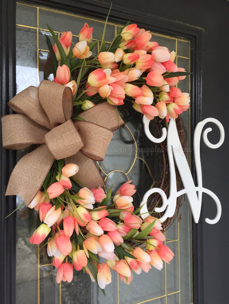 Spring Tulip Grapevine Wreath with Monogram Letter