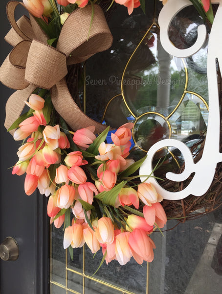 Spring Tulip Grapevine Wreath with Monogram Letter