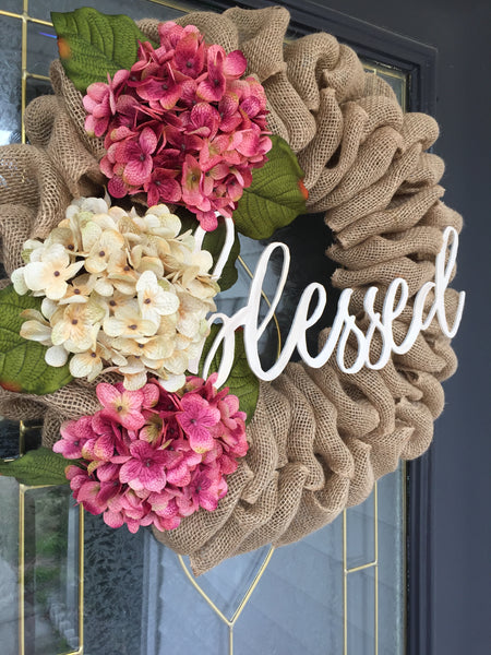 Burlap Wreath with Hydrangeas and "Blessed" Sign