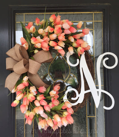 Spring Tulip Grapevine Wreath with Monogram Letter