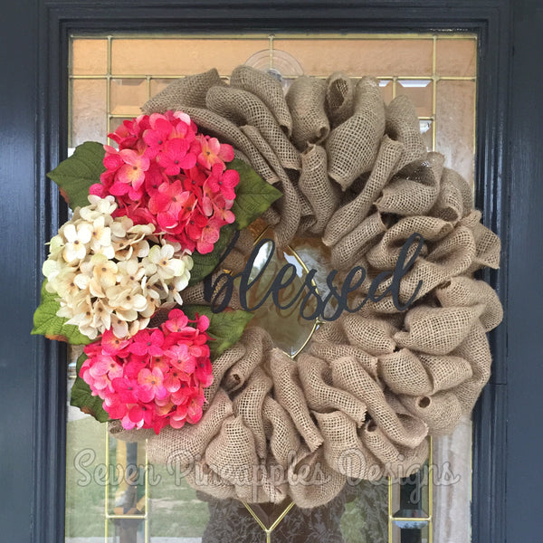 Burlap Wreath with Hydrangeas and "Blessed" Sign